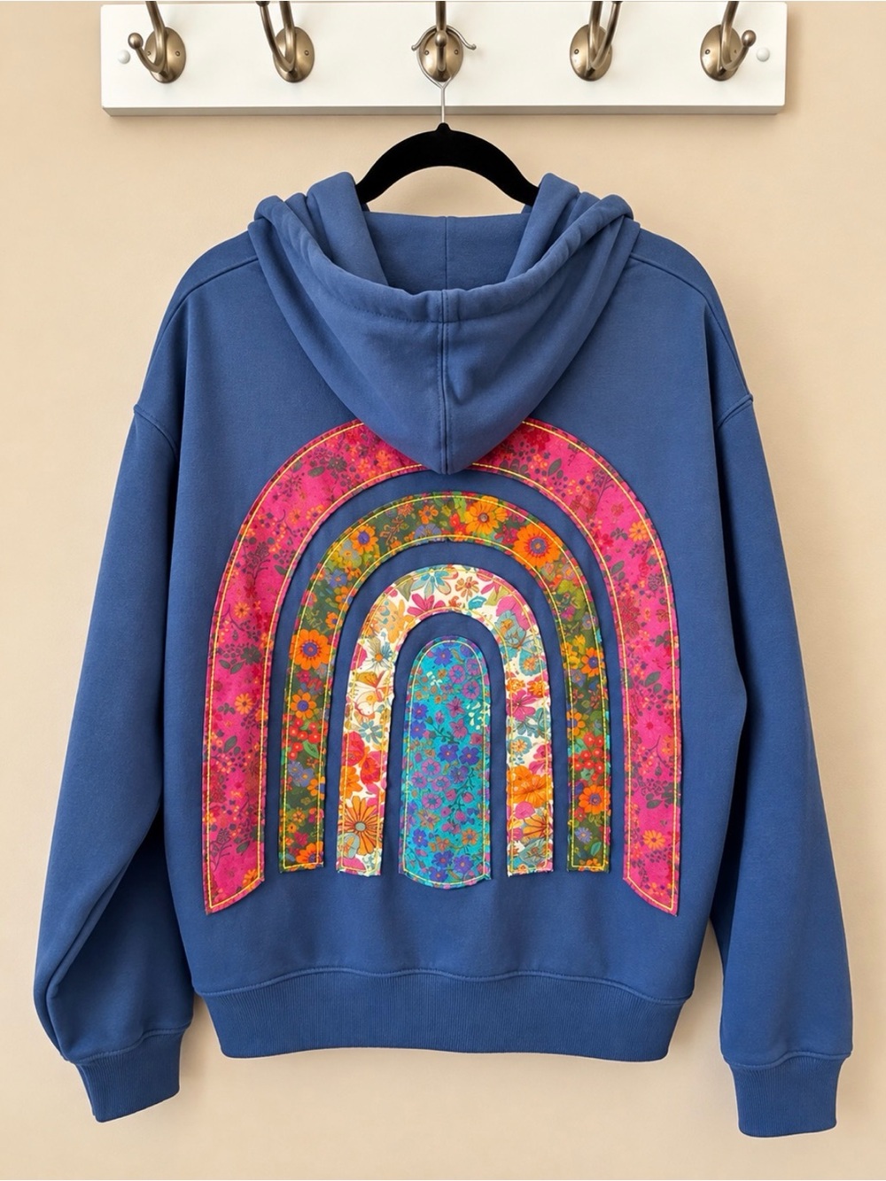 Natural Life S/M Oversized Patchwork Floral Rainbow Zip Hoodie Blue NWOT - Picture 4 of 12